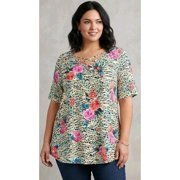 torrid Tops - Torrid Super Soft Knit Tunic Leopard Floral Top Criss-Cross Front Size 3X